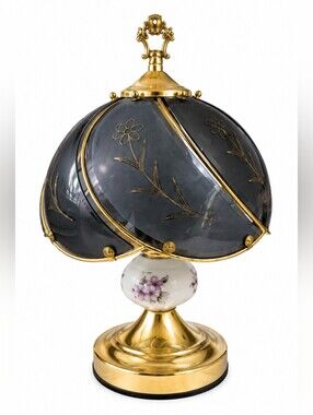 Vintage Brass Table Lamp Smoked Glass Floral Shade Porcelain Accent Hollywood